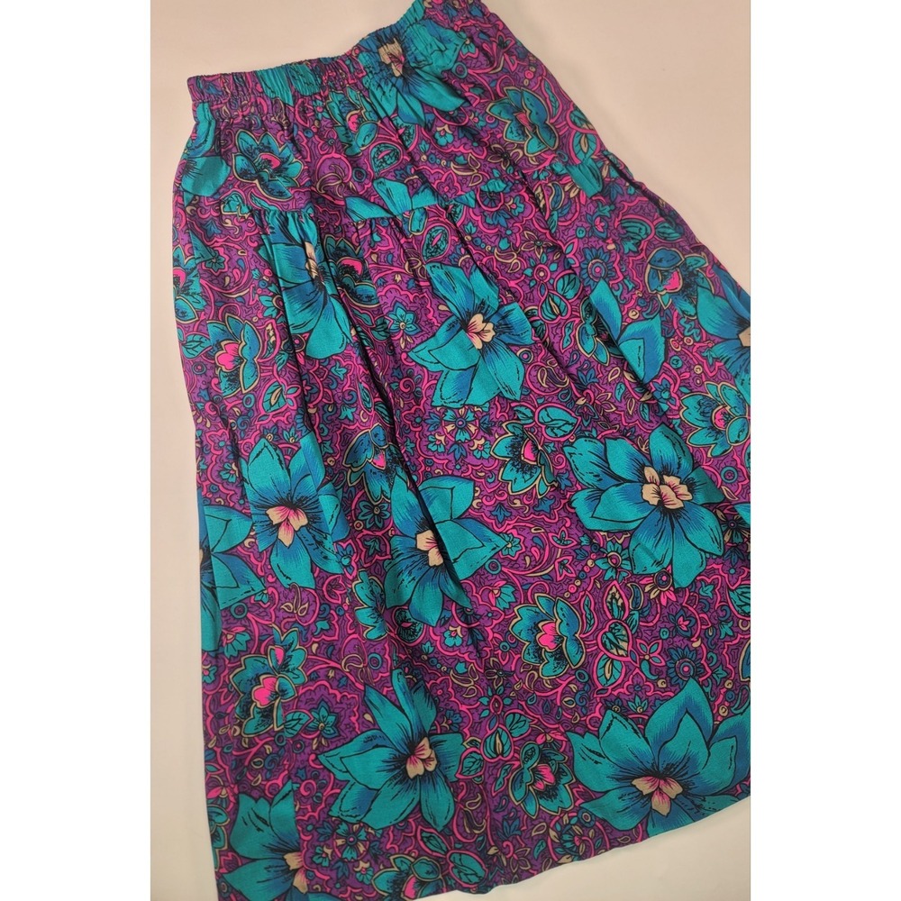 Vintage 80s 90s Tropical Floral Midi Skirt Rayon Elastic Waist Made USA READ